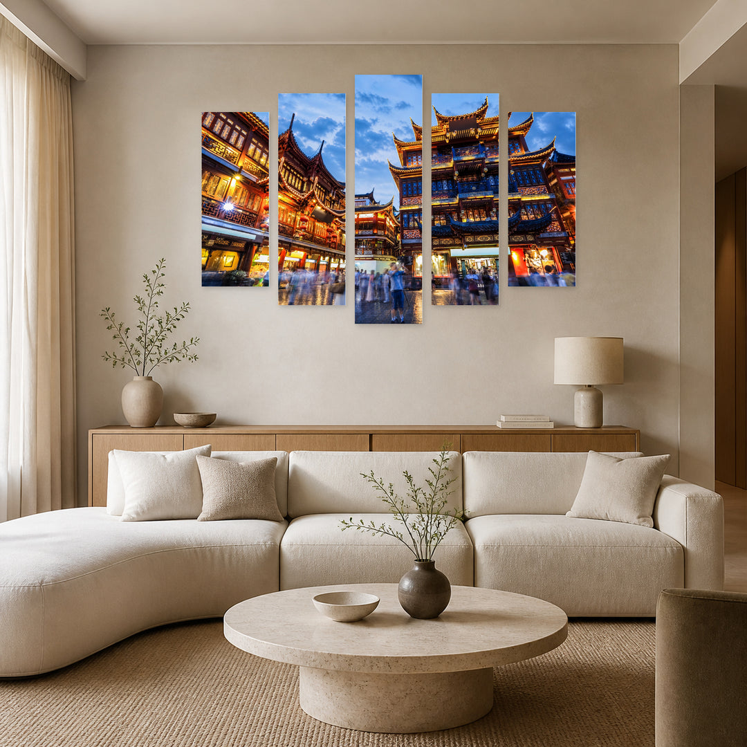 Garden in Shanghai in Blue and Gold — five-panel wall art in frontal interior | 5wallart 55653 M3