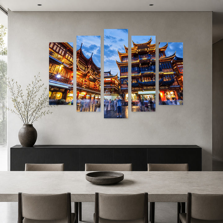 Garden in Shanghai in Blue and Gold — five-panel wall art in alternate frontal interior | 5wallart 55653 M4