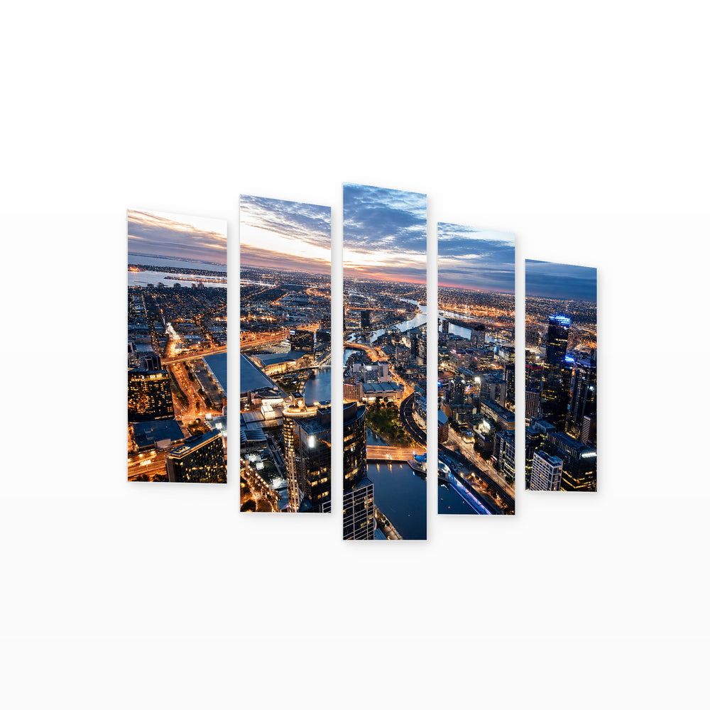 Melbourne, Australia with Geometric Rhythm — five-panel wall art on white background in perspective | 5wallart 55654 M1