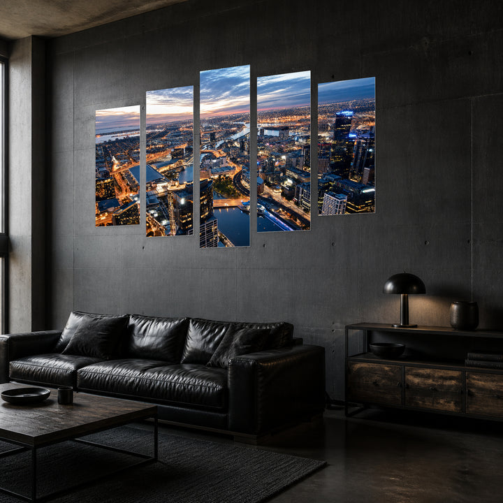 Melbourne, Australia with Geometric Rhythm — five-panel wall art in perspective interior | 5wallart 55654 M2