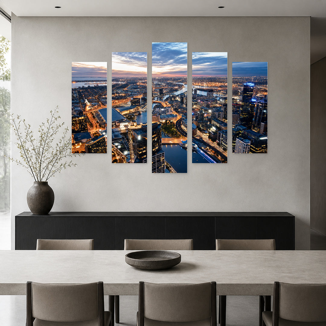 Melbourne, Australia with Geometric Rhythm — five-panel wall art in frontal interior | 5wallart 55654 M3