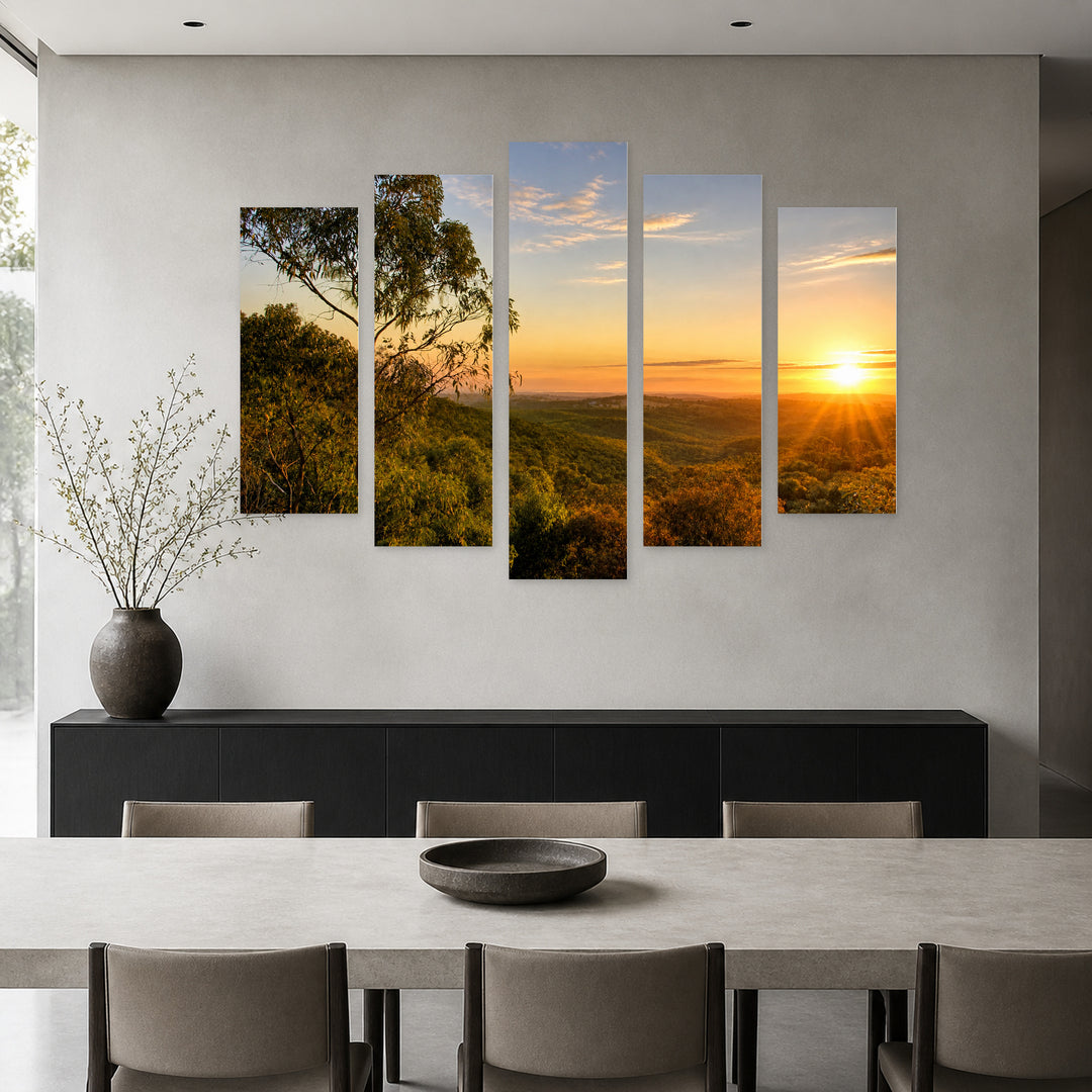 Golden Australian Sunset — five-panel wall art in alternate frontal interior | 5wallart 55655 M4