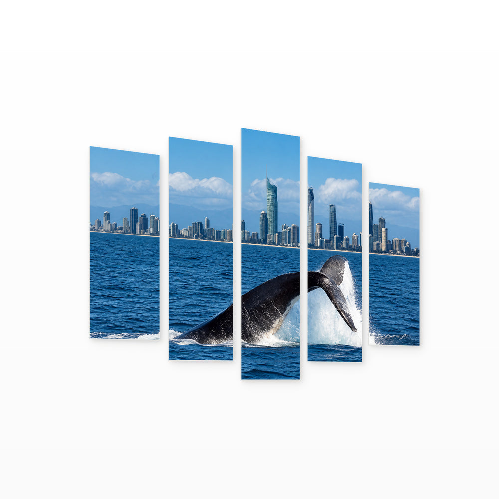Whales at Gold Coast, Australia Coastal Panorama — five-panel wall art on white background in perspective | 5wallart 55656 M1