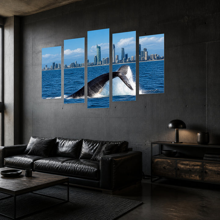 Whales at Gold Coast, Australia Coastal Panorama — five-panel wall art in perspective interior | 5wallart 55656 M2