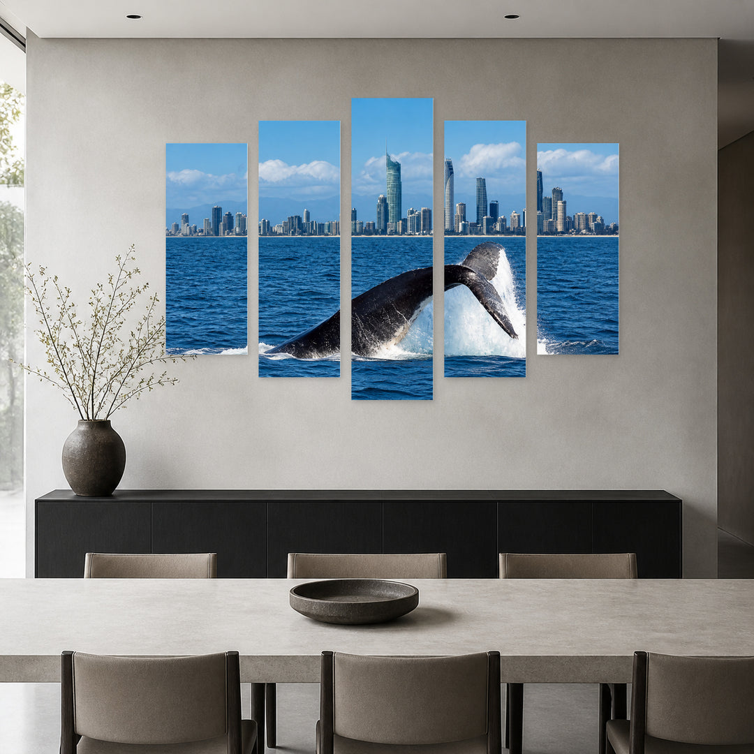 Whales at Gold Coast, Australia Coastal Panorama — five-panel wall art in frontal interior | 5wallart 55656 M3