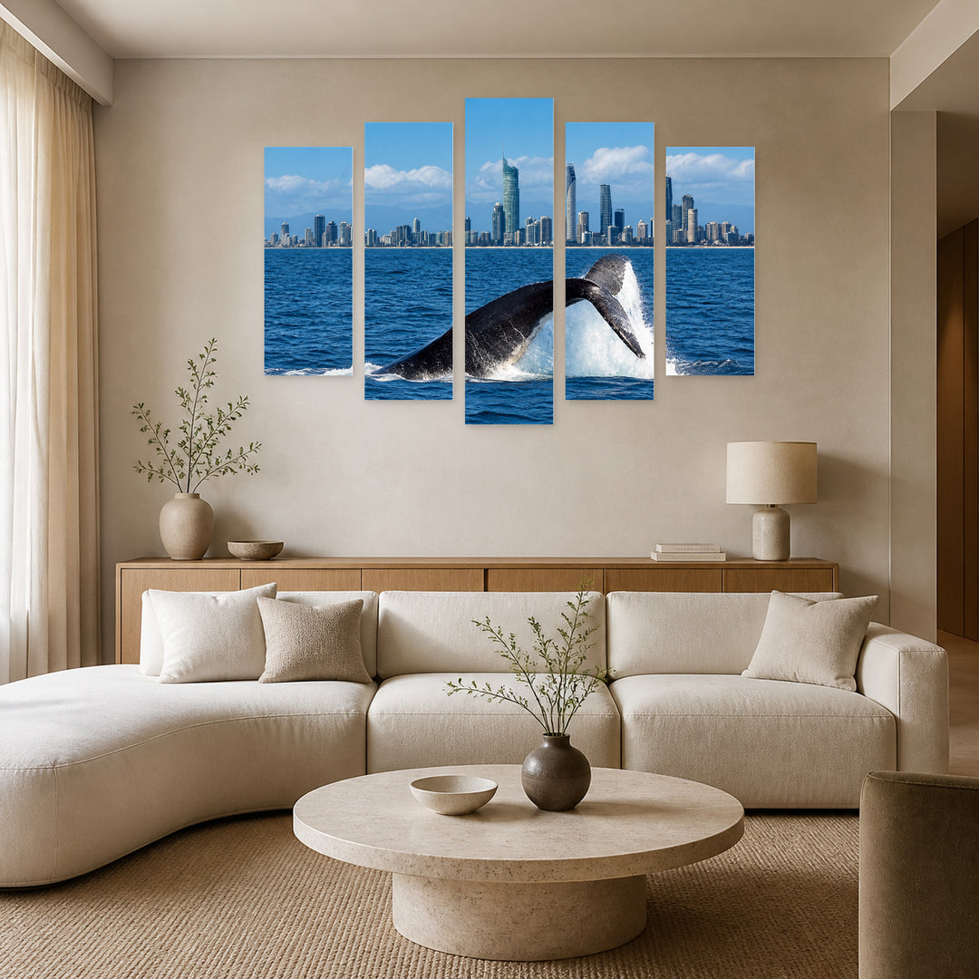 Whales at Gold Coast, Australia Coastal Panorama — five-panel wall art in alternate frontal interior | 5wallart 55656 M4