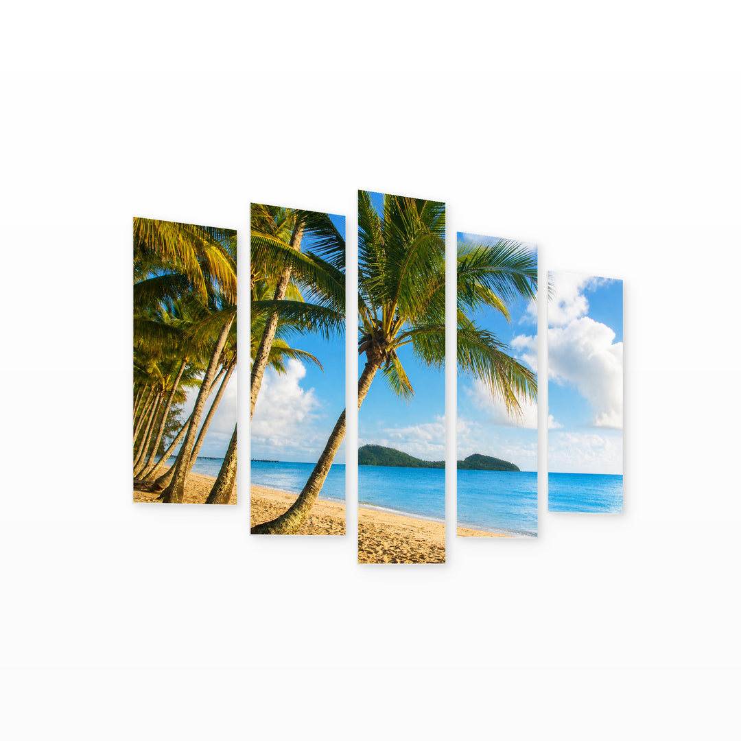 Tropical Beach with Palm Trees in Serene Light — five-panel wall art on white background in perspective | 5wallart 55658 M1