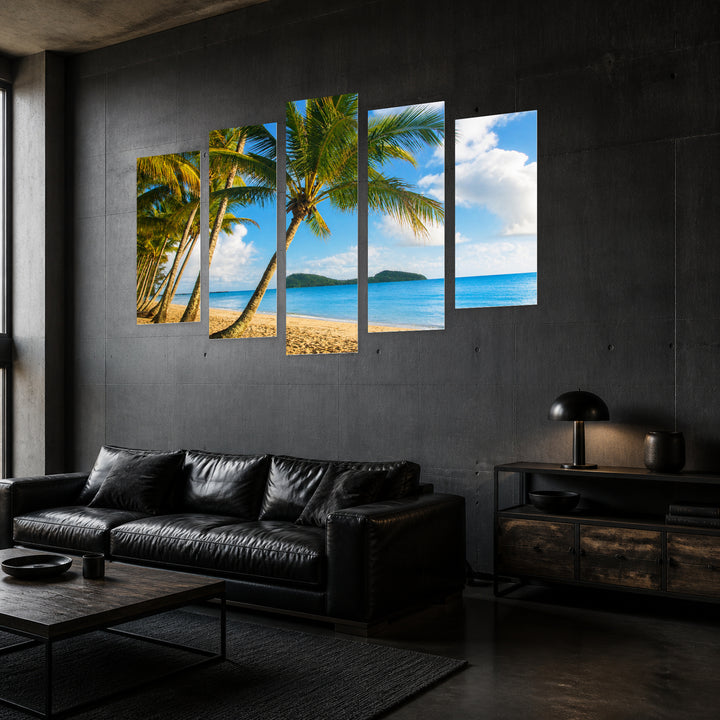 Tropical Beach with Palm Trees in Serene Light — five-panel wall art in perspective interior | 5wallart 55658 M2