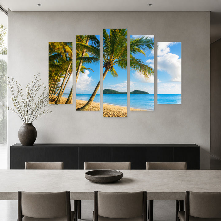 Tropical Beach with Palm Trees in Serene Light — five-panel wall art in frontal interior | 5wallart 55658 M3