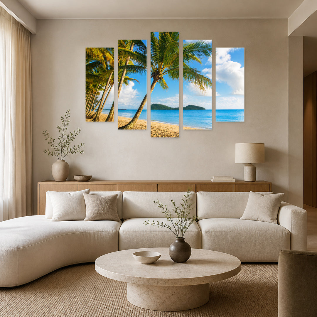 Tropical Beach with Palm Trees in Serene Light — five-panel wall art in alternate frontal interior | 5wallart 55658 M4