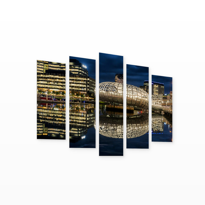 Night View of Melbourne with Dramatic Contrast — five-panel wall art on white background in perspective | 5wallart 55660 M1