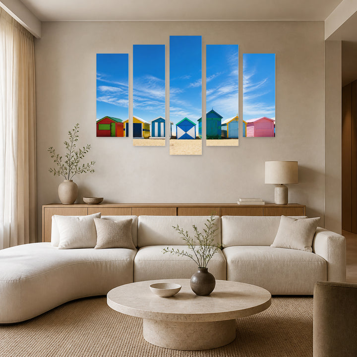 Colorful Beach Houses in Blue and Gold — five-panel wall art in frontal interior | 5wallart 55661 M3