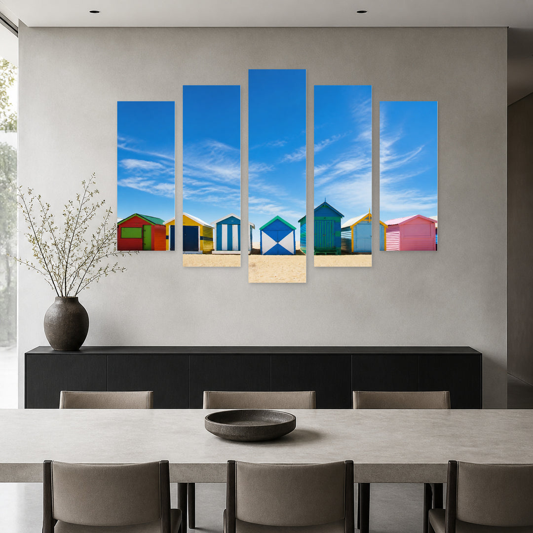 Colorful Beach Houses in Blue and Gold — five-panel wall art in alternate frontal interior | 5wallart 55661 M4