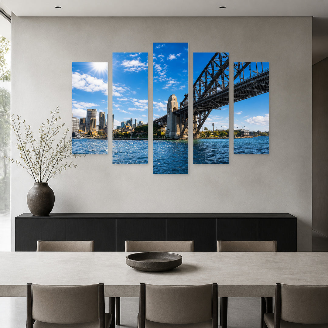 Harbor Bridge in Sydney in Vivid Color — five-panel wall art in frontal interior | 5wallart 55662 M3