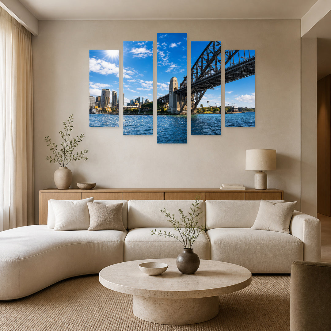 Harbor Bridge in Sydney in Vivid Color — five-panel wall art in alternate frontal interior | 5wallart 55662 M4