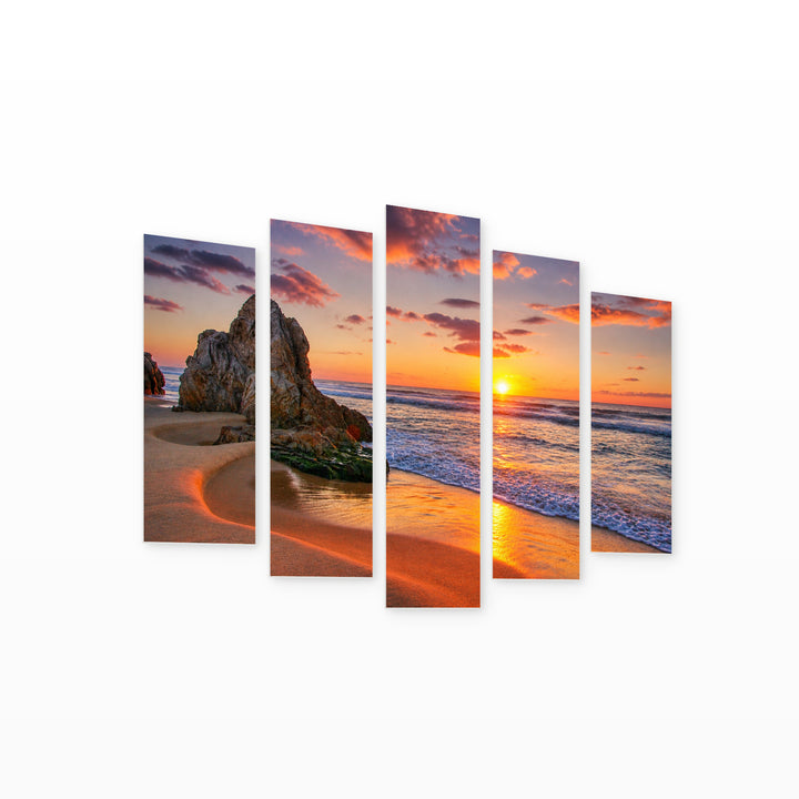 Rocks at Sunrise in Vivid Color — five-panel wall art on white background in perspective | 5wallart 55663 M1