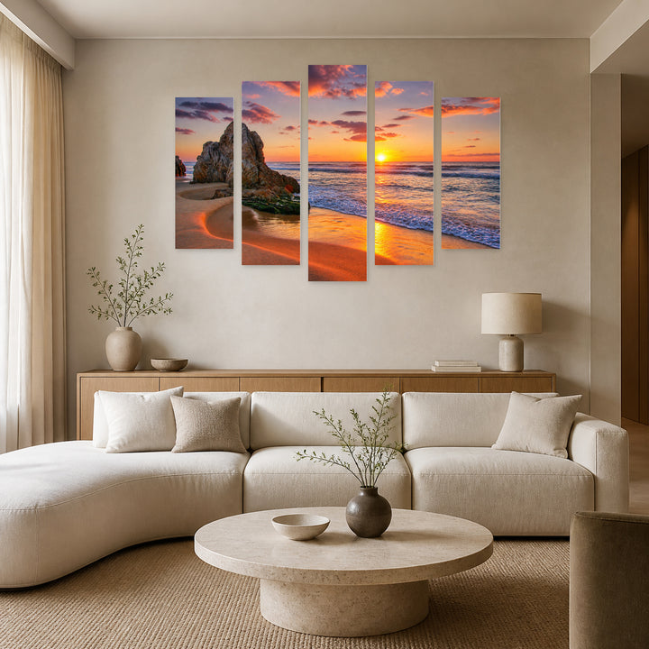 Rocks at Sunrise in Vivid Color — five-panel wall art in frontal interior | 5wallart 55663 M3