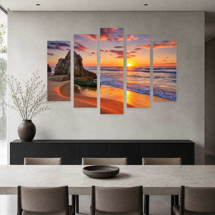 Rocks at Sunrise in Vivid Color — five-panel wall art in alternate frontal interior | 5wallart 55663 M4