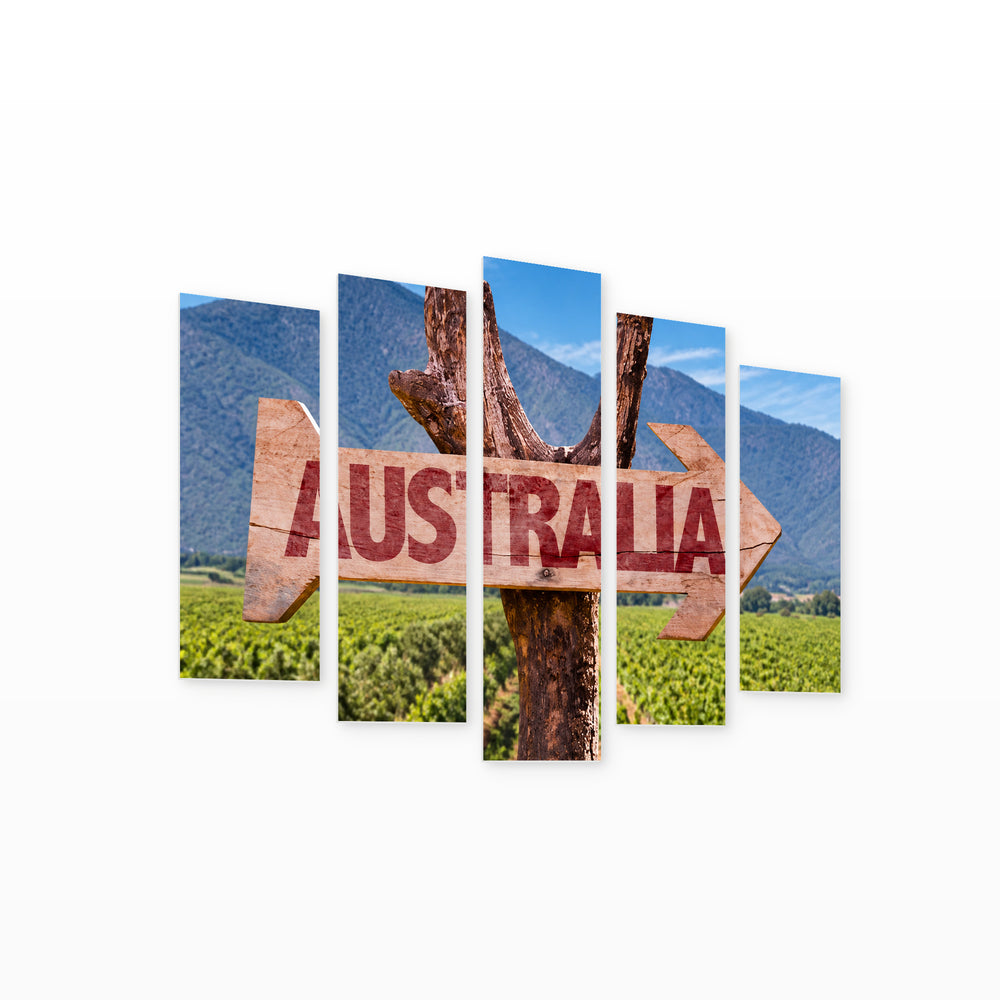 Wooden Australia Sign with Geometric Rhythm — five-panel wall art on white background in perspective | 5wallart 55664 M1