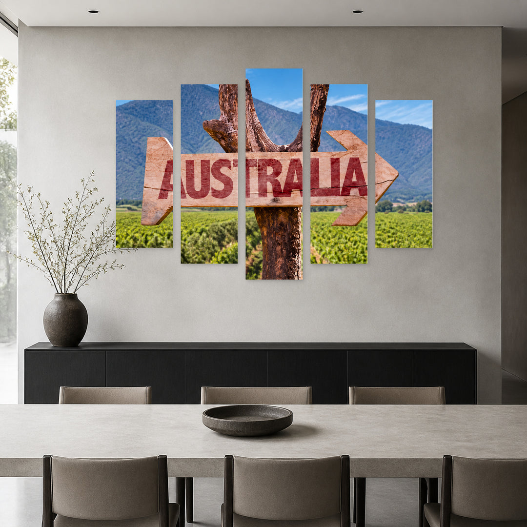 Wooden Australia Sign with Geometric Rhythm — five-panel wall art in frontal interior | 5wallart 55664 M3