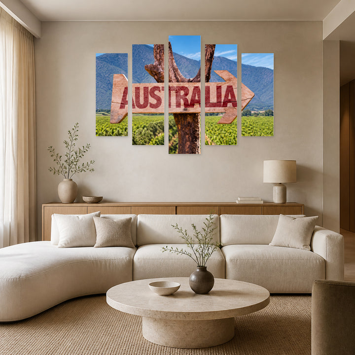 Wooden Australia Sign with Geometric Rhythm — five-panel wall art in alternate frontal interior | 5wallart 55664 M4