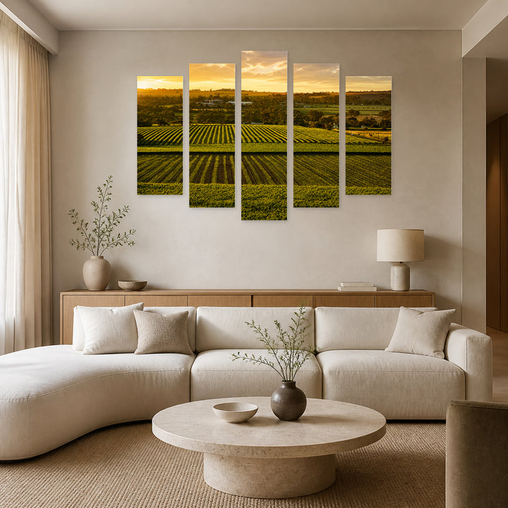 Vineyards in Australia with Geometric Rhythm — five-panel wall art in frontal interior | 5wallart 55665 M3