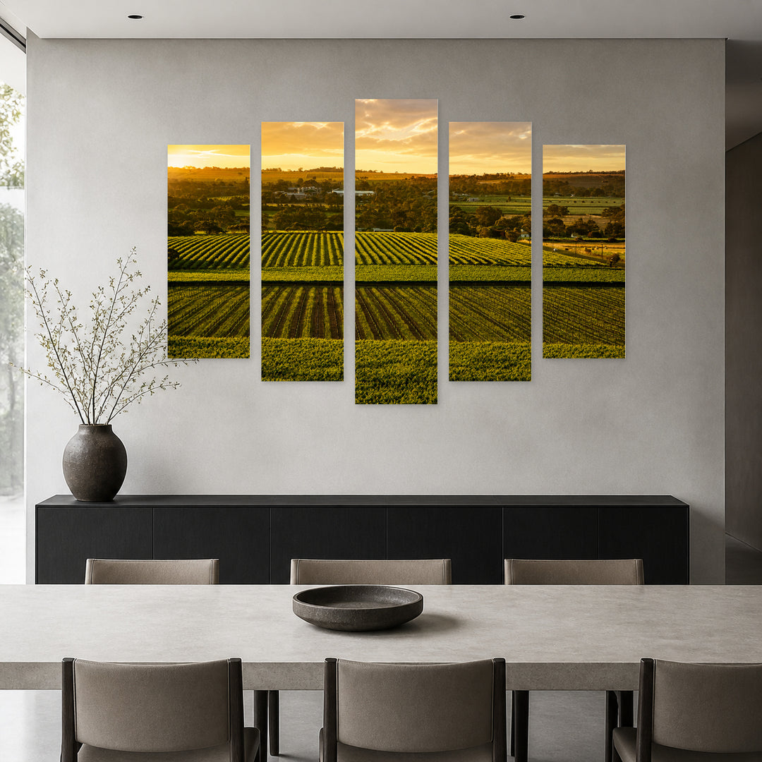 Vineyards in Australia with Geometric Rhythm — five-panel wall art in alternate frontal interior | 5wallart 55665 M4