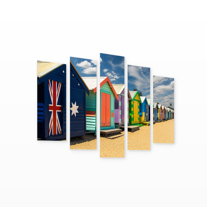 Beach Cottages with Dreamlike Atmosphere — five-panel wall art on white background in perspective | 5wallart 55666 M1