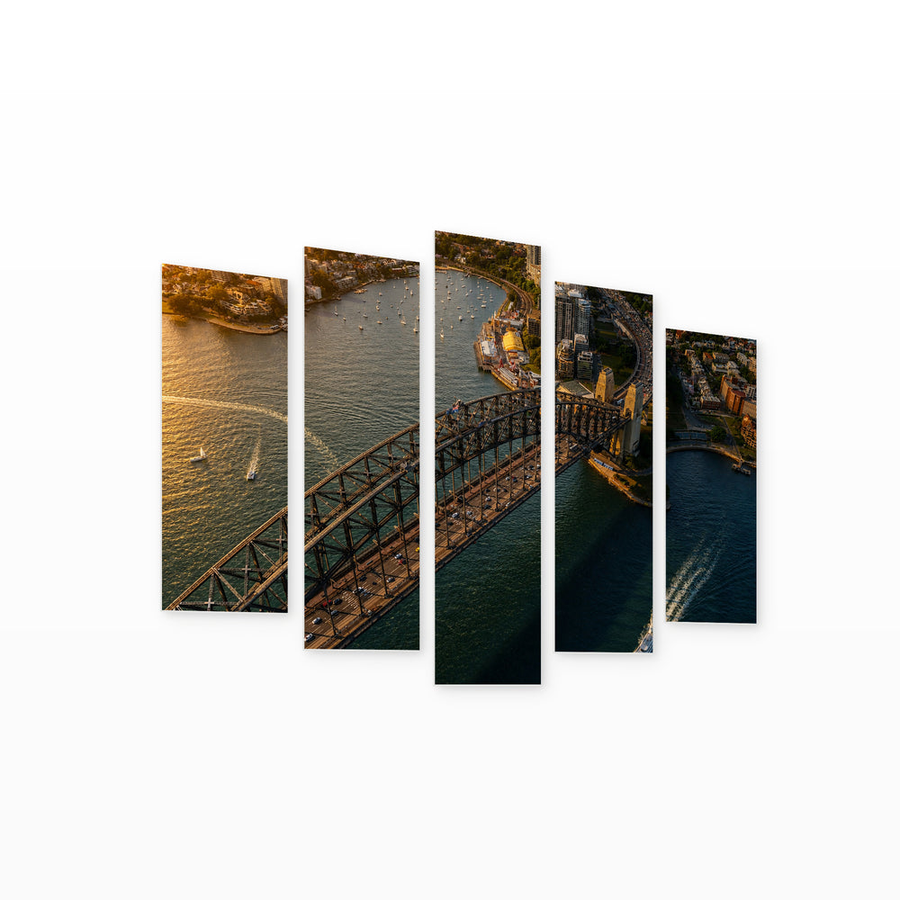 View of Sydney Harbor Bridge at Golden Sunset — five-panel wall art on white background in perspective | 5wallart 55668 M1