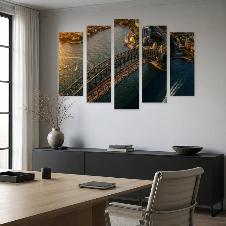 View of Sydney Harbor Bridge at Golden Sunset — five-panel wall art in frontal interior | 5wallart 55668 M3