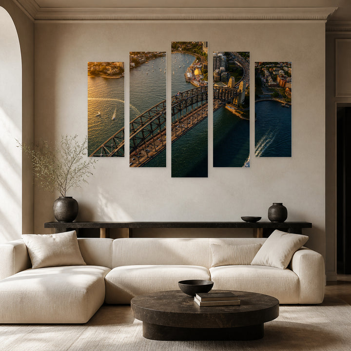 View of Sydney Harbor Bridge at Golden Sunset — five-panel wall art in alternate frontal interior | 5wallart 55668 M4