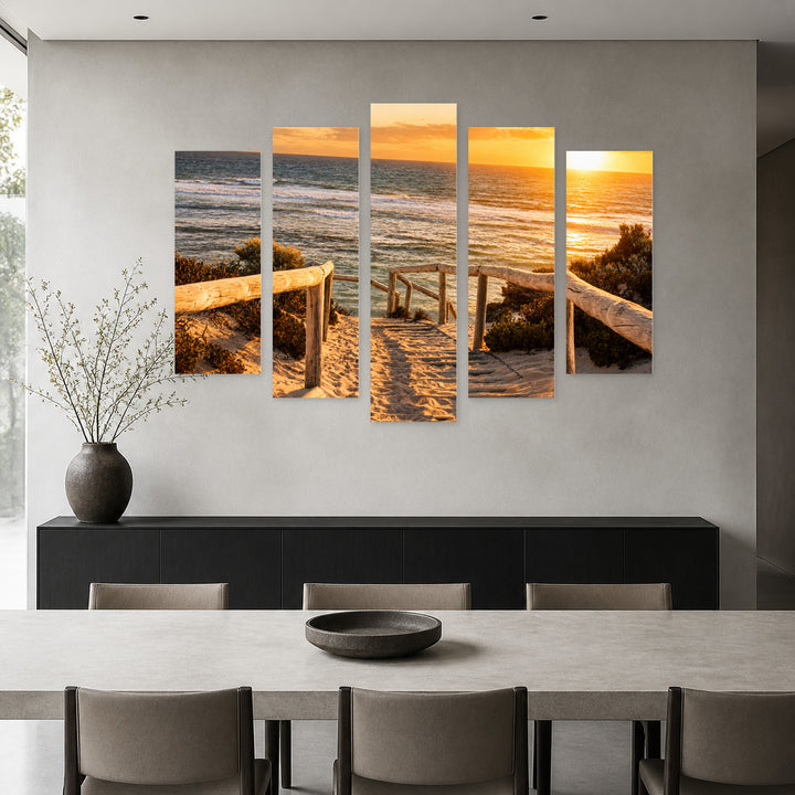 Beach on Rottnest Island at Golden Sunset — five-panel wall art in frontal interior | 5wallart 55670 M3