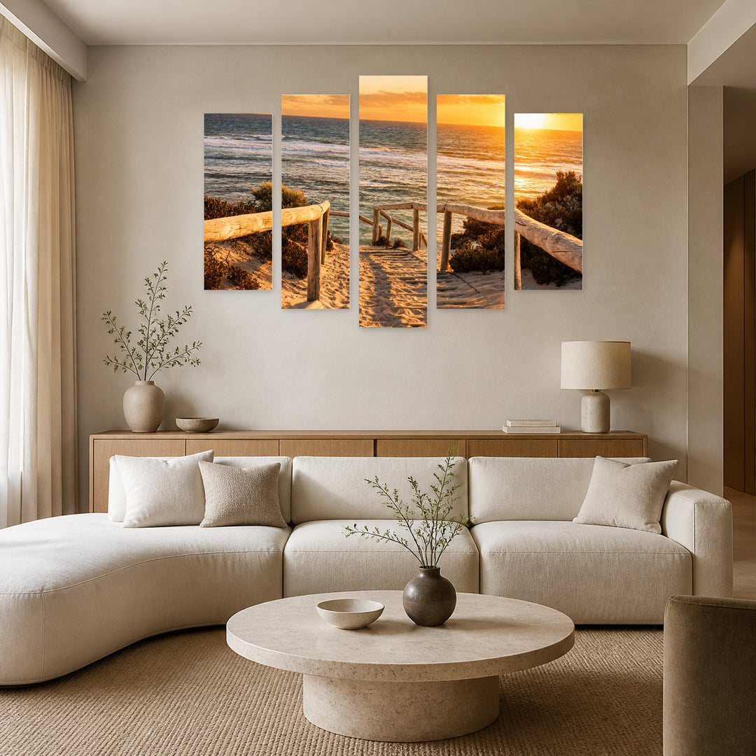 Beach on Rottnest Island at Golden Sunset — five-panel wall art in alternate frontal interior | 5wallart 55670 M4