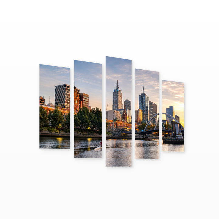 Melbourne at Sunrise in Serene Light — five-panel wall art on white background in perspective | 5wallart 55671 M1