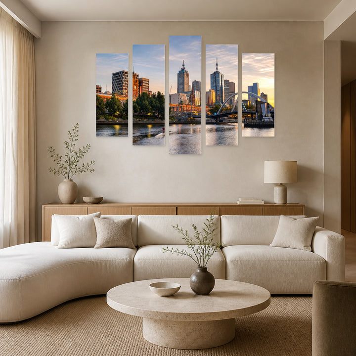 Melbourne at Sunrise in Serene Light — five-panel wall art in frontal interior | 5wallart 55671 M3