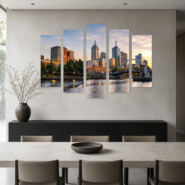 Melbourne at Sunrise in Serene Light — five-panel wall art in alternate frontal interior | 5wallart 55671 M4