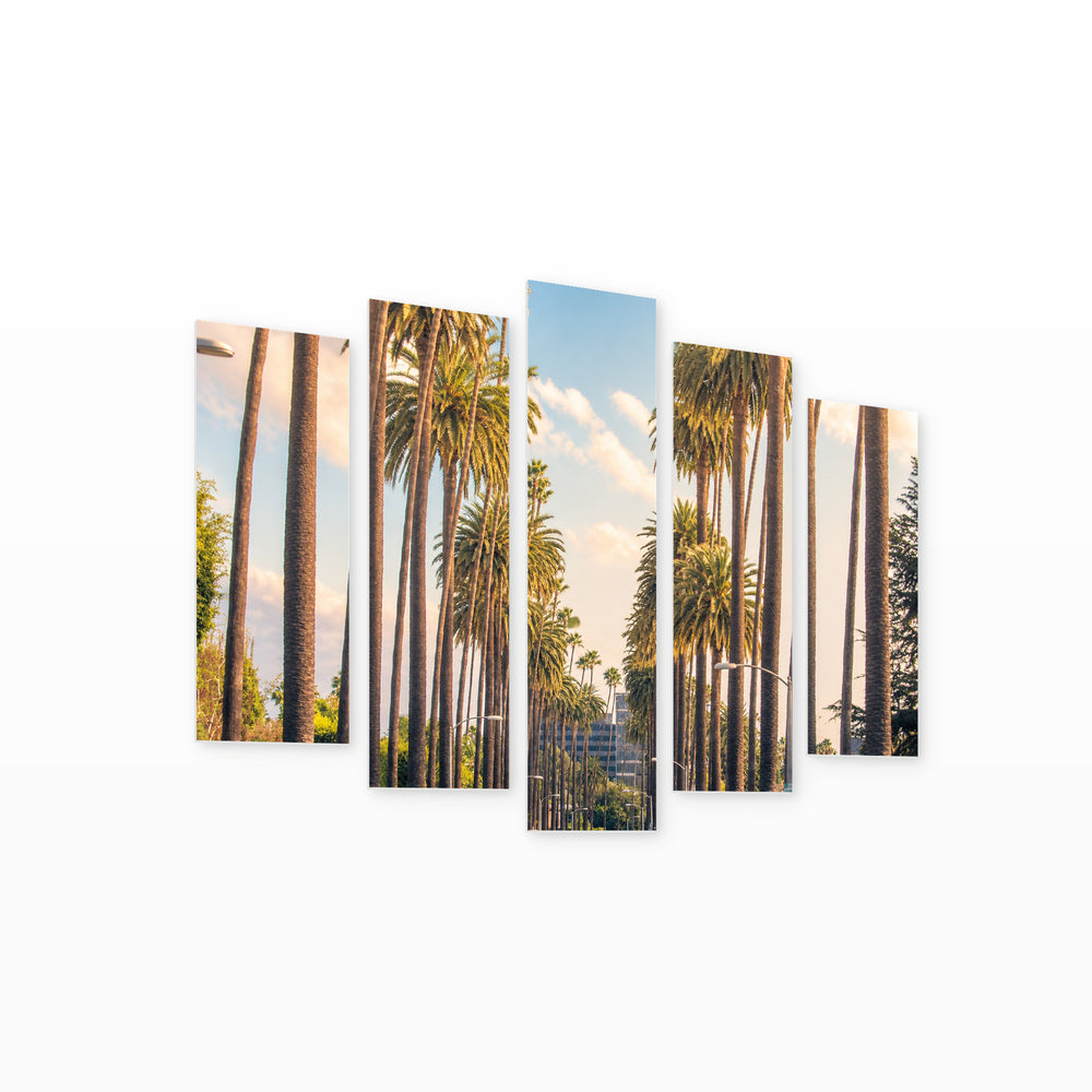 Palm Trees in Los Angeles with Dreamlike Atmosphere — five-panel wall art on white background in perspective | 5wallart 55676 M1