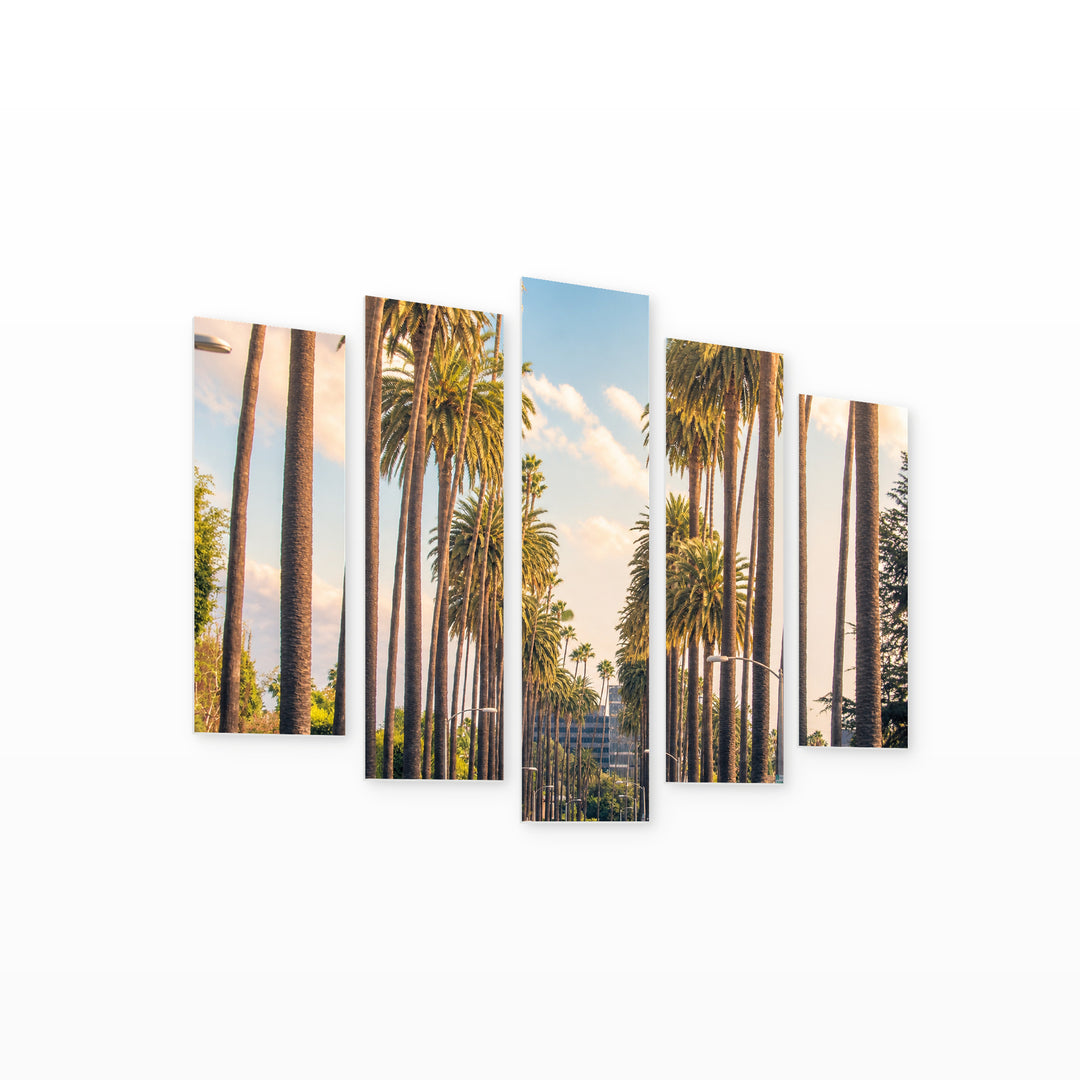 Palm Trees in Los Angeles with Dreamlike Atmosphere — five-panel wall art on white background in perspective | 5wallart 55676 M1
