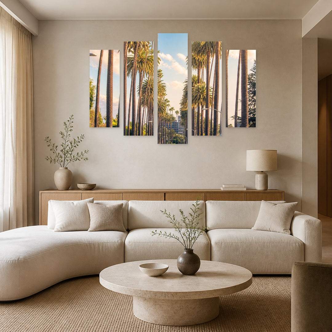 Palm Trees in Los Angeles with Dreamlike Atmosphere — five-panel wall art in alternate frontal interior | 5wallart 55676 M4