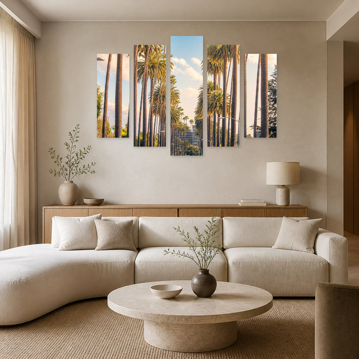 Palm Trees in Los Angeles with Dreamlike Atmosphere — five-panel wall art in alternate frontal interior | 5wallart 55676 M4