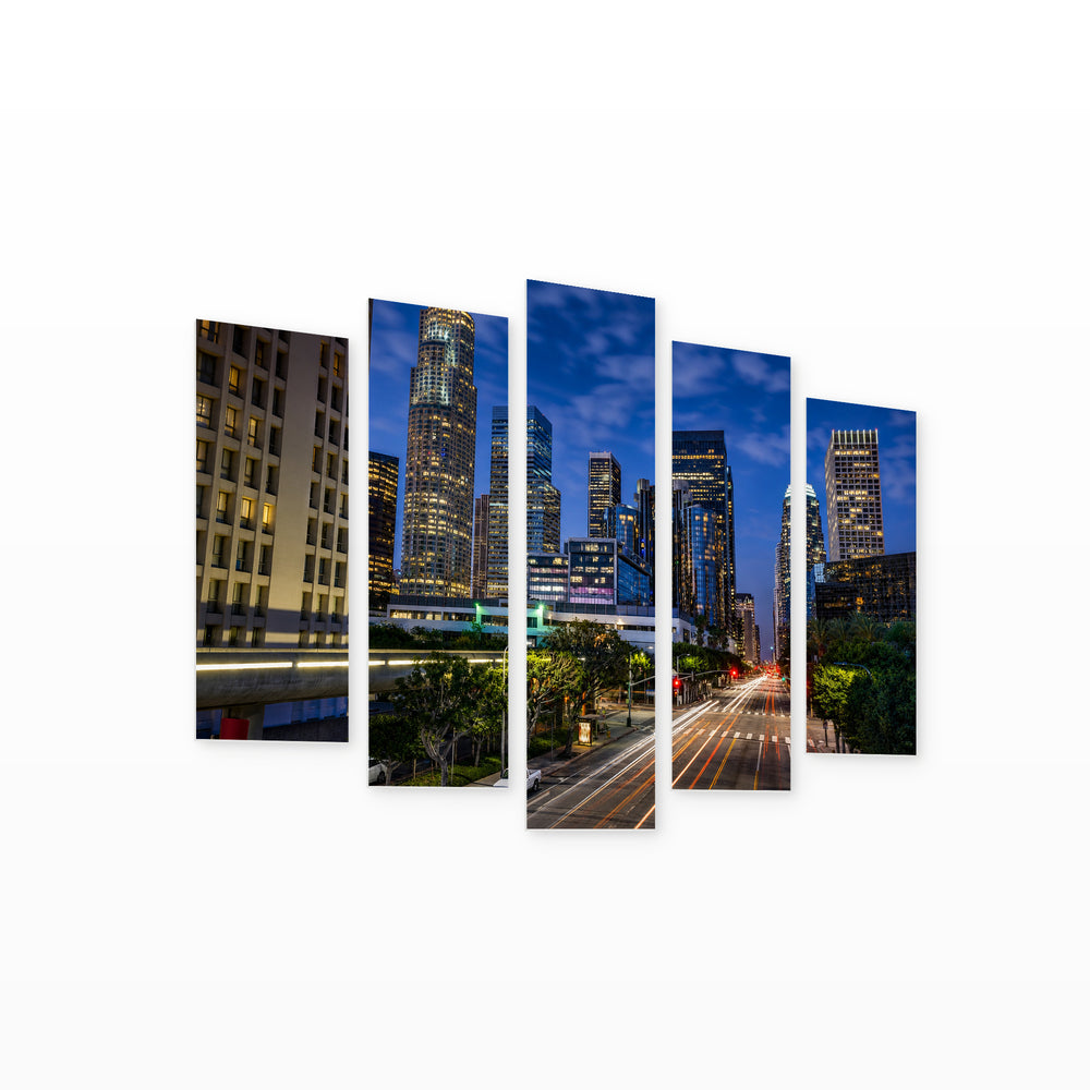 Downtown Los Angeles at Night — five-panel wall art on white background in perspective | 5wallart 55677 M1