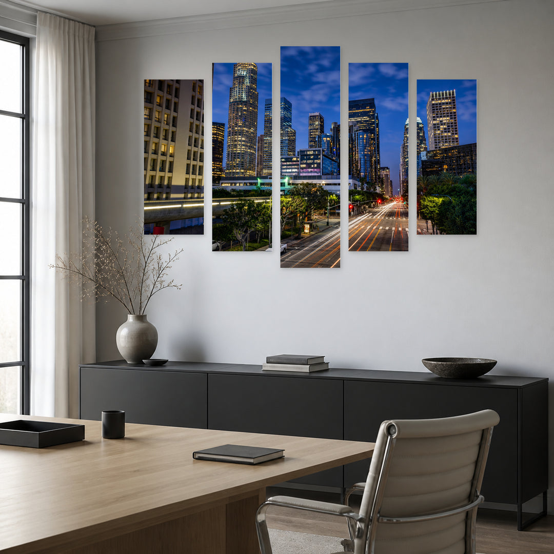 Downtown Los Angeles at Night — five-panel wall art in alternate frontal interior | 5wallart 55677 M4