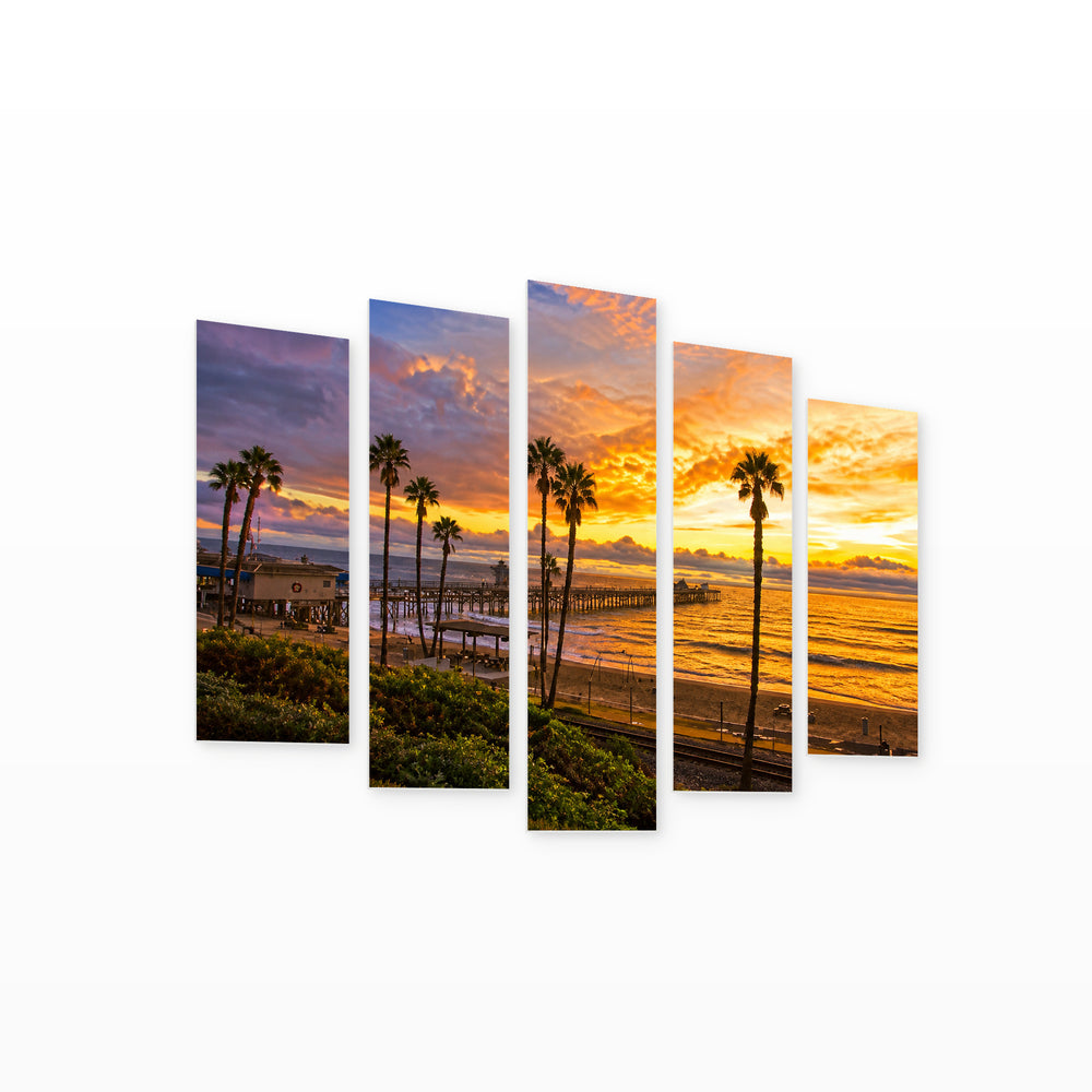 Golden Sunset over San Clemente Pier — five-panel wall art on white background in perspective | 5wallart 55678 M1