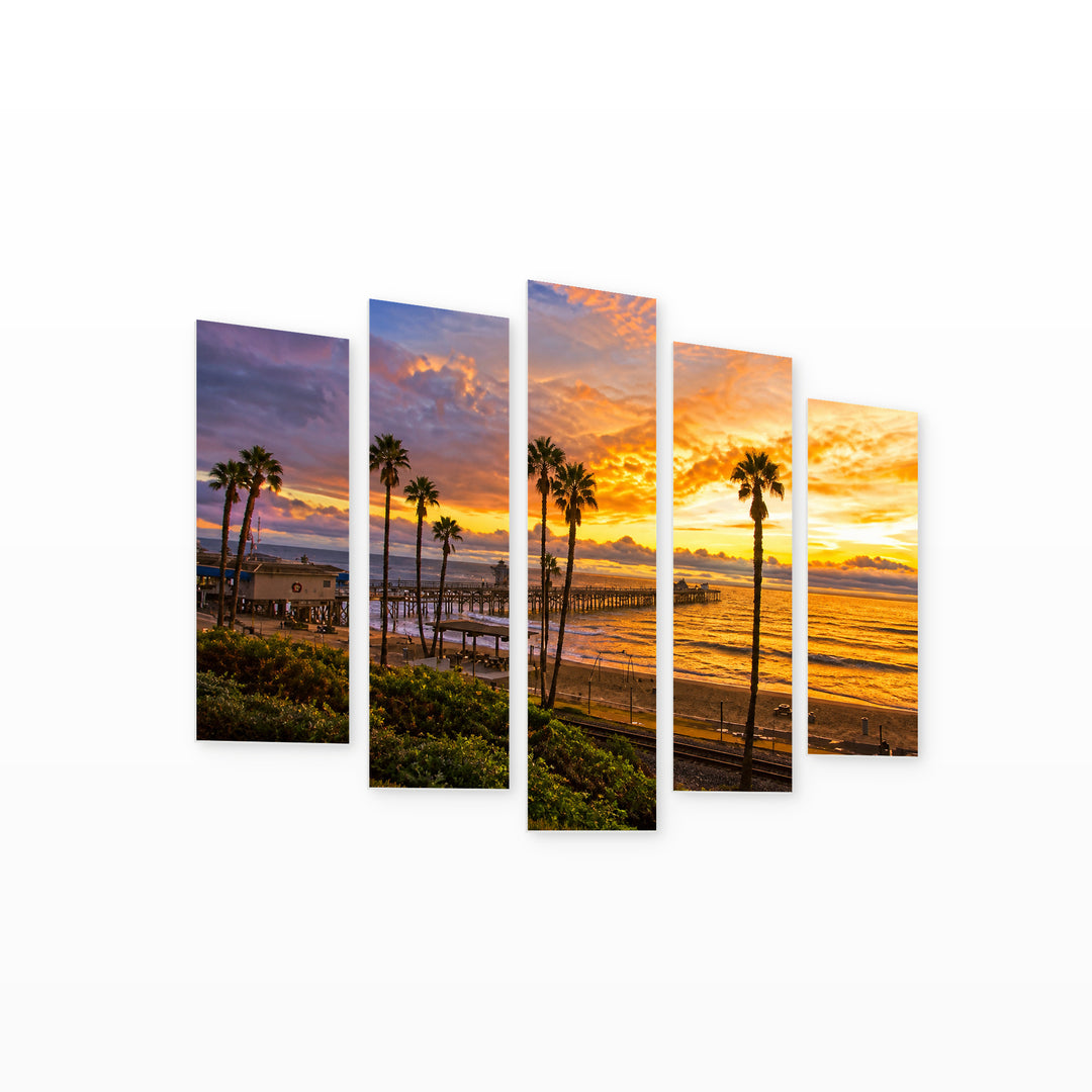Golden Sunset over San Clemente Pier — five-panel wall art on white background in perspective | 5wallart 55678 M1