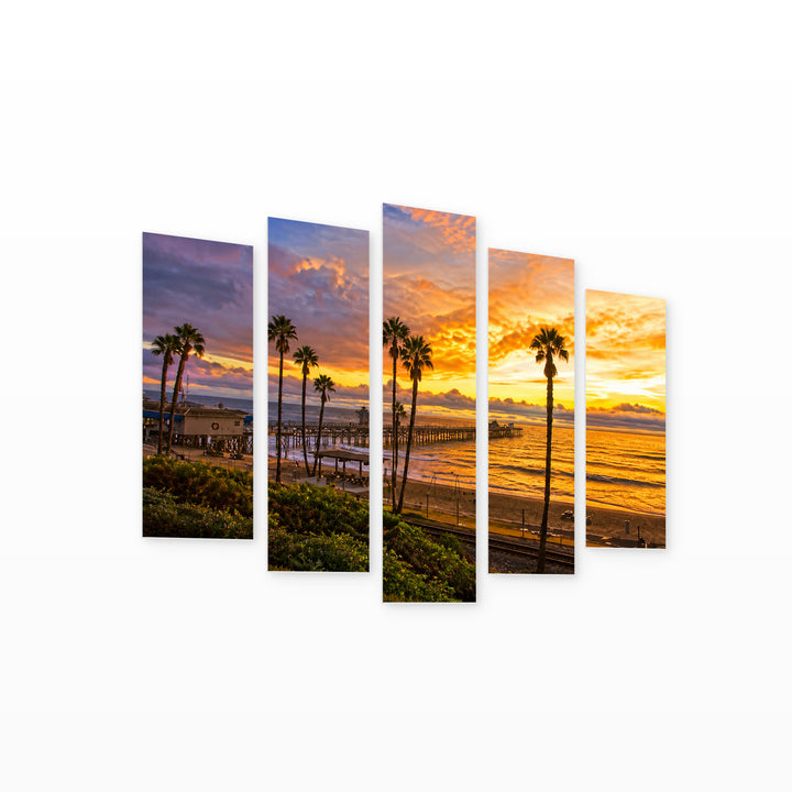 Golden Sunset over San Clemente Pier — five-panel wall art on white background in perspective | 5wallart 55678 M1