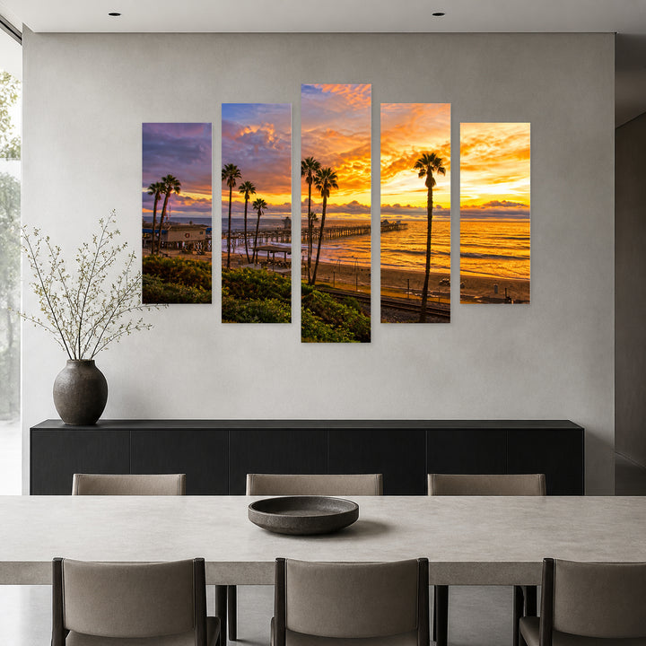 Golden Sunset over San Clemente Pier — five-panel wall art in frontal interior | 5wallart 55678 M3