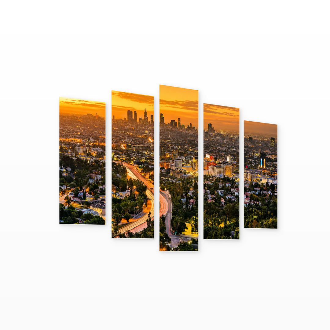Los Angeles, California at Golden Sunset — five-panel wall art on white background in perspective | 5wallart 55679 M1