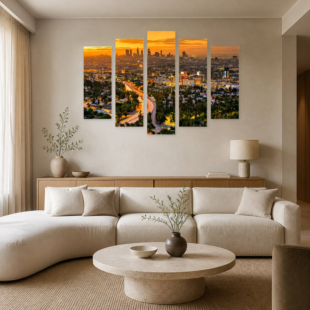 Los Angeles, California at Golden Sunset — five-panel wall art in frontal interior | 5wallart 55679 M3