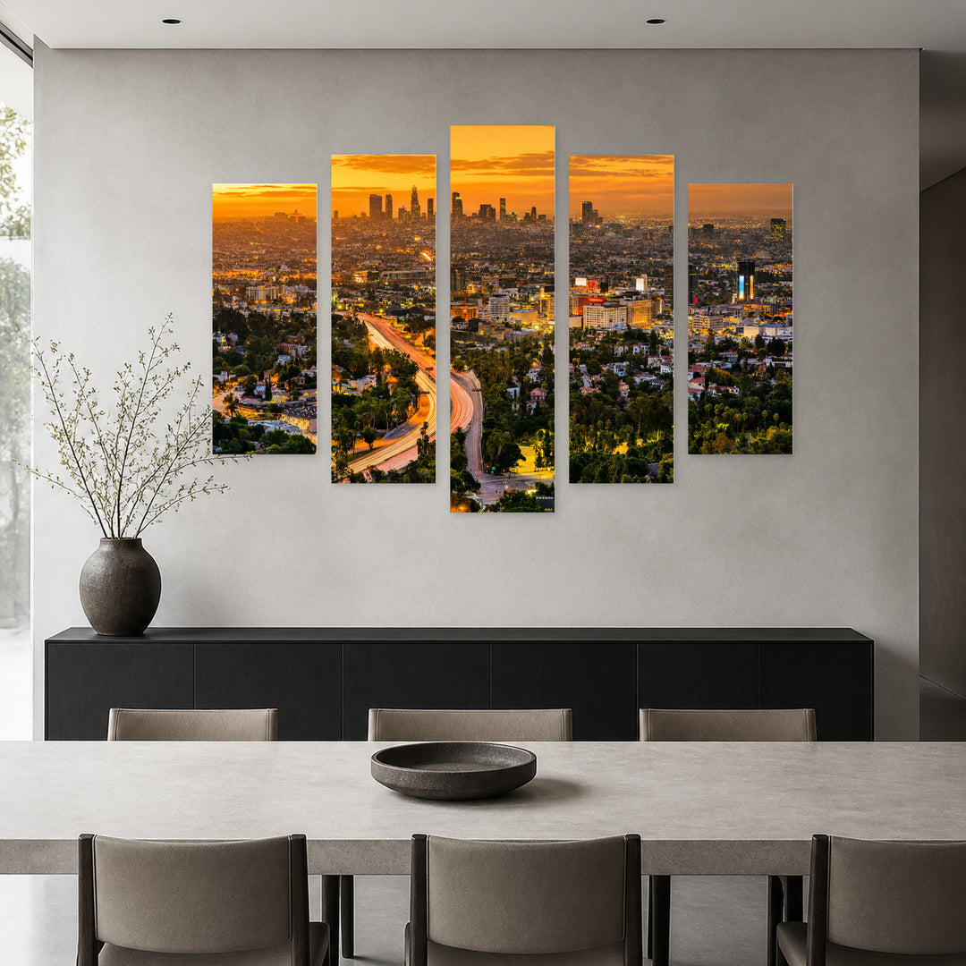 Los Angeles, California at Golden Sunset — five-panel wall art in alternate frontal interior | 5wallart 55679 M4