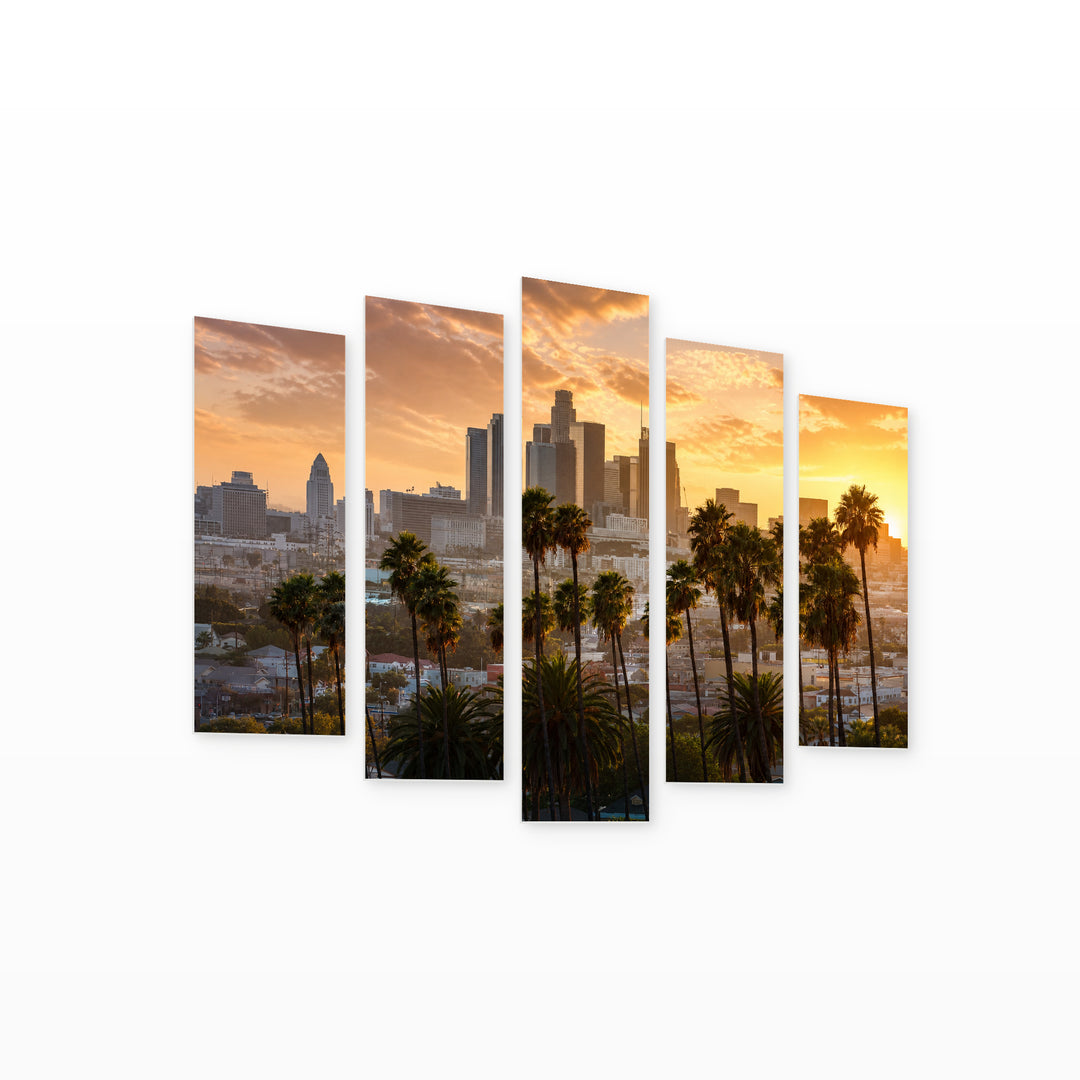 Los Angeles Sunset Glow — five-panel wall art on white background in perspective | 5wallart 55680 M1